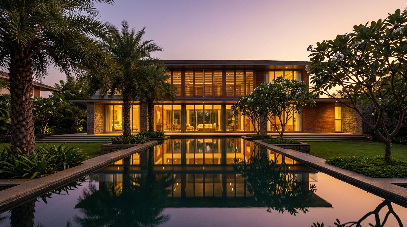 Villa exterior at dusk